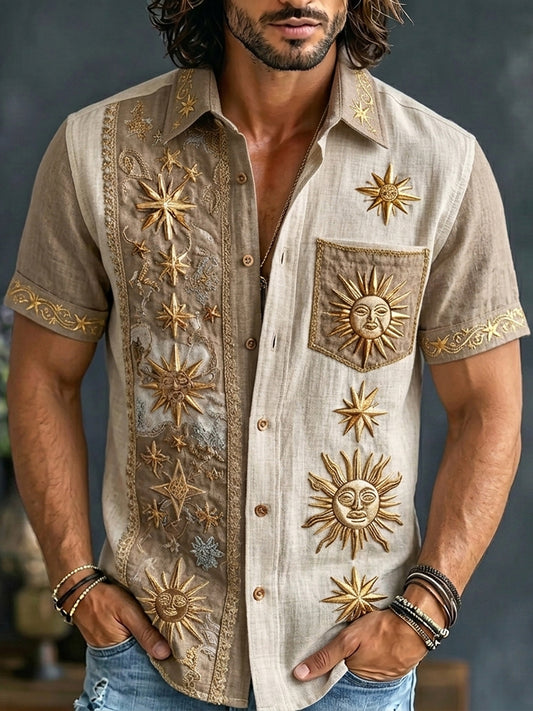 Cardydony Men's Retro Sun And Star Printed Short Sleeve Shirt