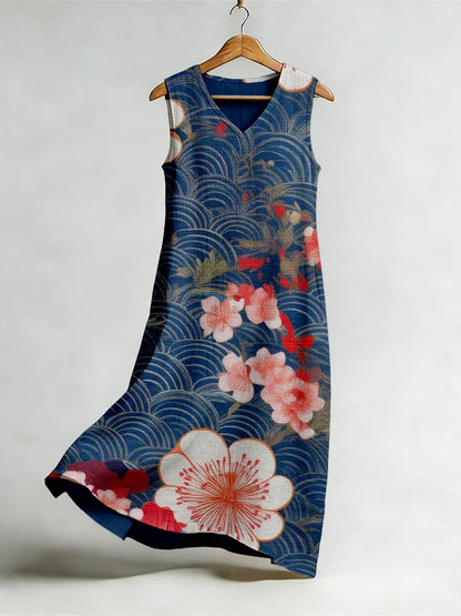 Cardydony Japanese Floral Art V Neck Flowy Linen Midi Dress