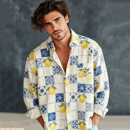 Cardydony Men's Vintage Summer Sicilian Lemon Tile Art Print Flowy Linen Blend Casual Shirt