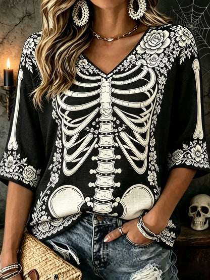 Cardydony Women's Vintage Halloween White Rose And Human Skeleton Art Printed Mid-length Sleeves V-neck T-shirt