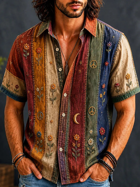 Cardydony Men's Vintage Flowers Moon Striped Art Patchwork Print Shirt