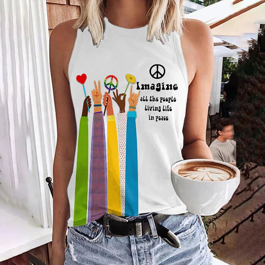 Cardydony Retro Hippie Imagine All The People Living Life In Peace Print Tank Top
