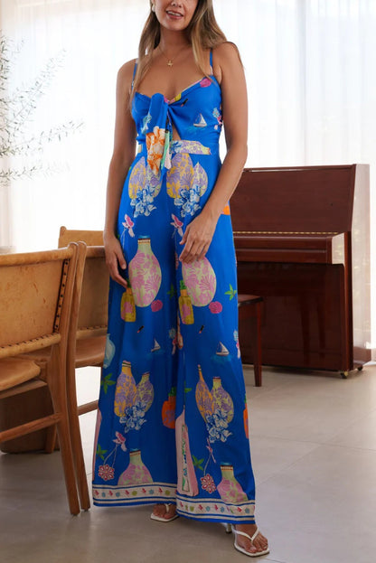 Cardydony Women's Unique Printed Sleeveless Spaghetti Strap Casual Vacation Loose Wide-Leg Jumpsuit