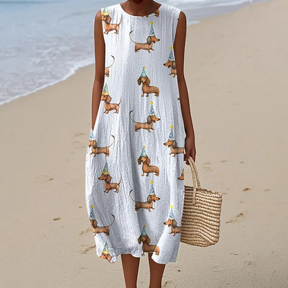 Cardydony Women's Retro Cute Dachshund Dog Art Linen Tank Midi Dress