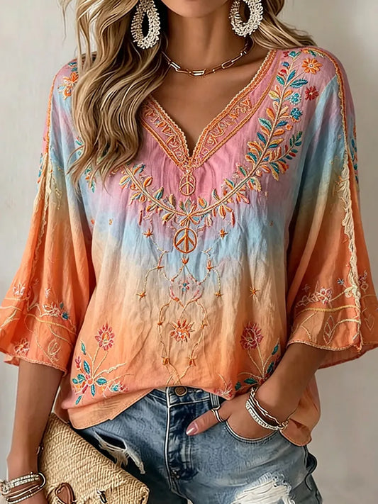 Cardydony Women's Retro Hippie Peace And Love Floral Embroidery Casual Mid-sleeve T-shirt
