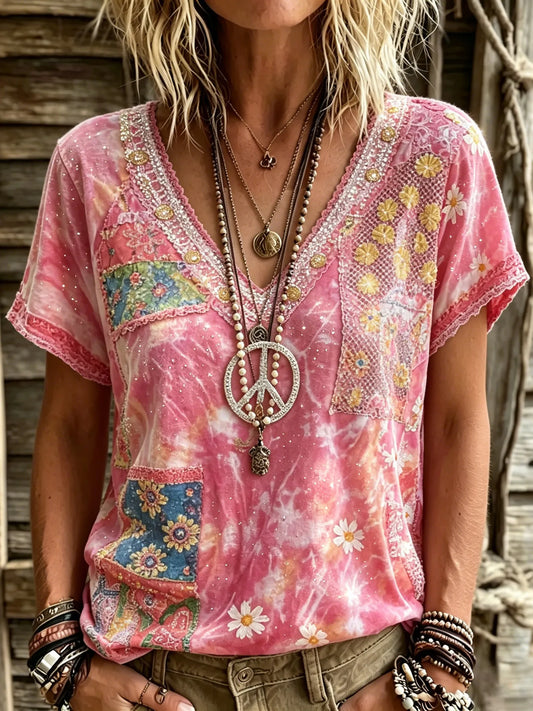 Cardydony Women's Retro Floral Art Peace Symbol Embroidery Cotton Linen V-neck T-shirt