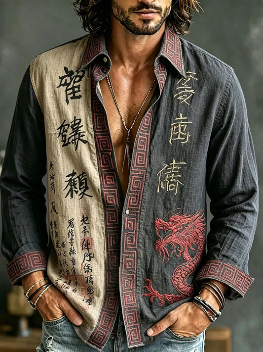 Cardydony Men's Retro Japanese Calligraphy And Dragon Art Pattern Casual Linen Blend Shirt