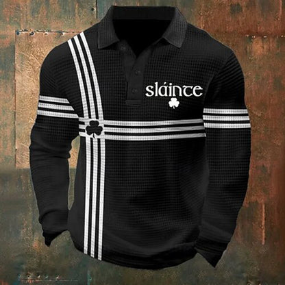 Cardydony Men's St Patrick's Day Shamrock Waffle Long Sleeve Polo Shirt