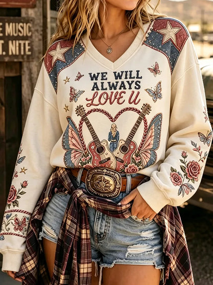 Cardydony Women's Western Retro Vacation Butterfly Guitar Letter Print Commemorative V-neck Sweatshirt