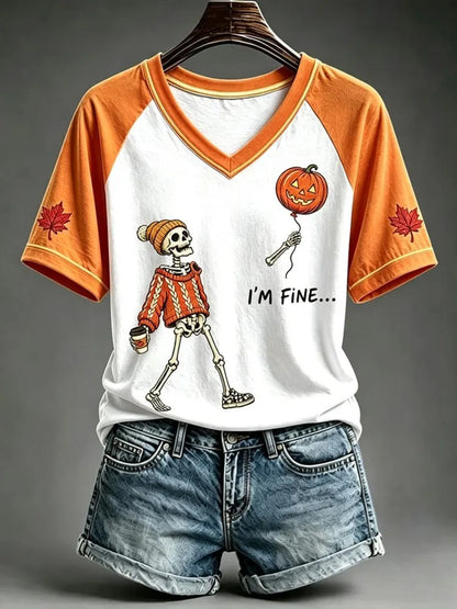 Cardydony Women's I'm Fine... Print V-neck Short-sleeved T-shirt