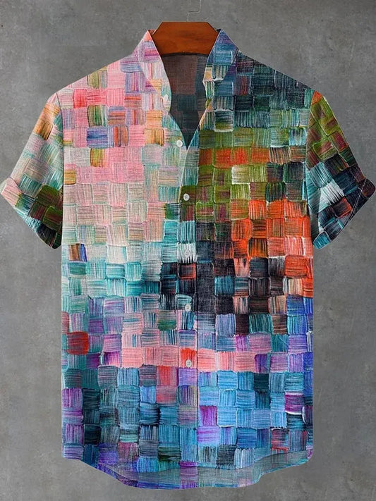 Cardydony Oil Painting Style Lattice Vintage Art Print Casual Cotton Linen Shirt