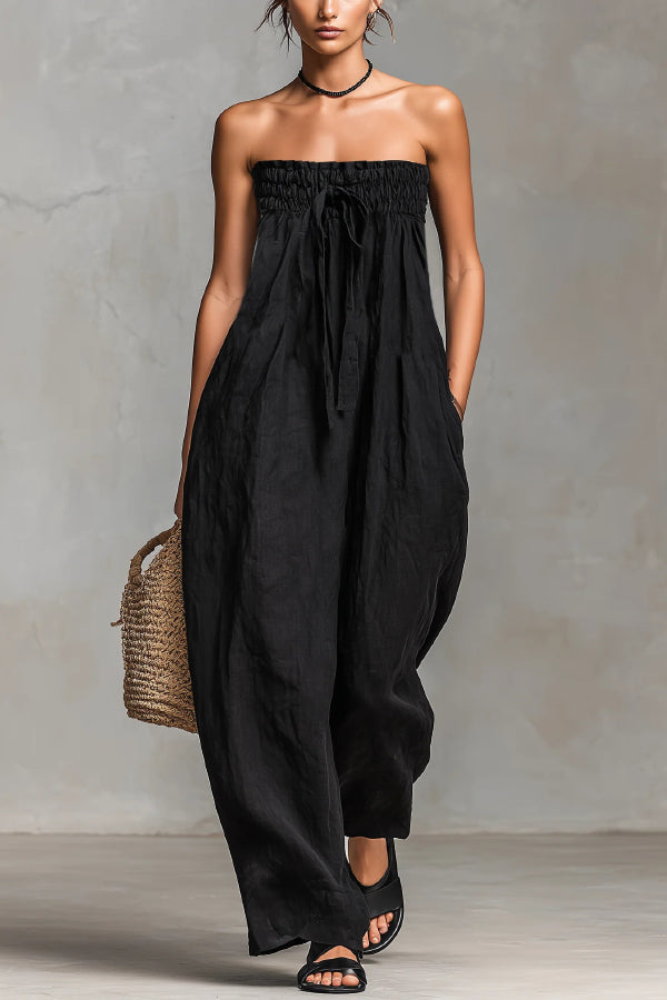 Cardydony Women's Linen Blend Sleeveless Off-shoulder Pleated Drawstring Loose Pocket Jumpsuit