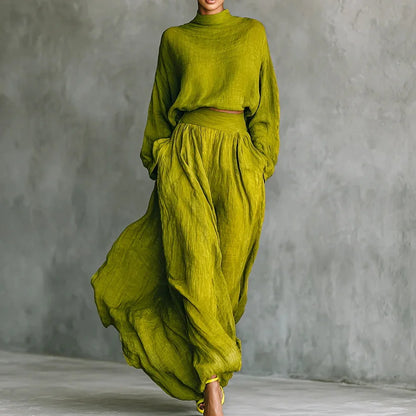 Cardydony Vintage Classy Shirt & Skirt Flowy Linen Two Piece Set