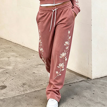 Cardydony Women's Retro Japanese Cherry Blossom Art Casual Sports Suit Two-piece Set
