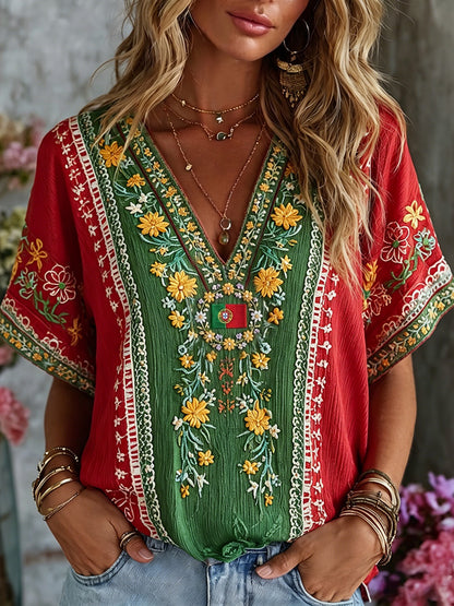 Cardydony Women's Vintage Floral Embroidered Art Patchwork V Neck Linen Blend T-shirt