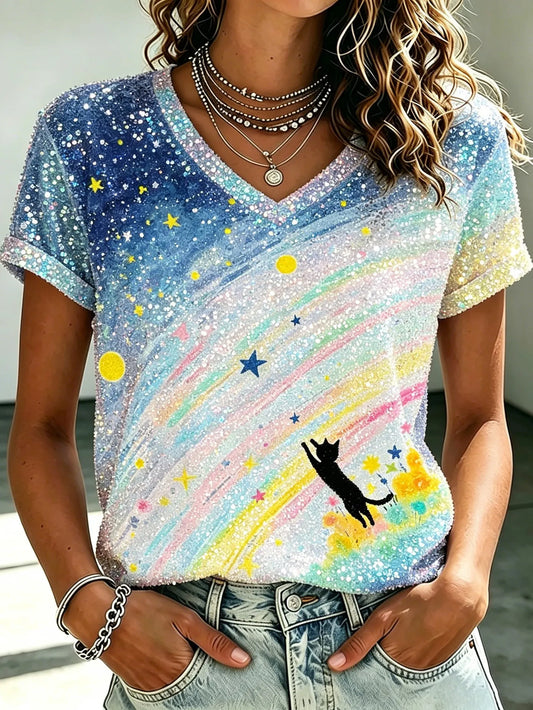 Cardydony Women's Cat And Starry Sky Sequin Print Short-sleeved Top