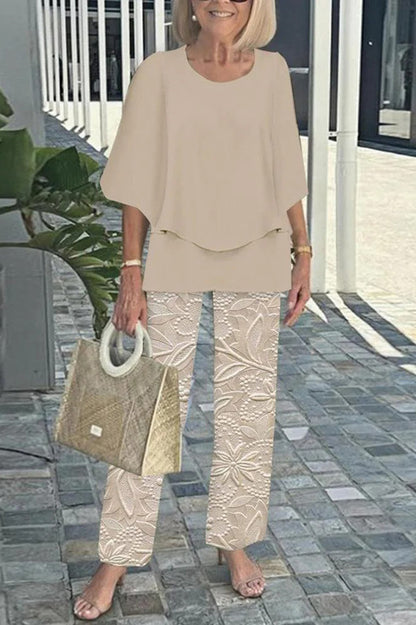 Cardydony Women's Fashion Round Neck Half Sleeve Loose Top and Elastic Waist Casual Straight Pants Set