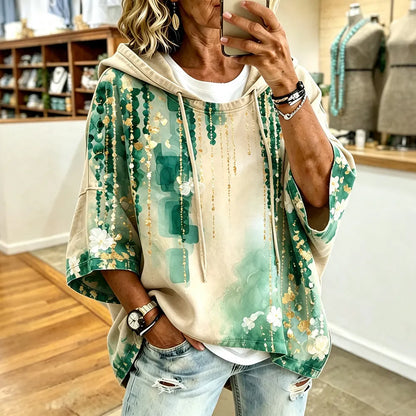Cardydony Women's Casual Hoodie - Green And Beige Watercolor With Gold Drip Lines And White Floral Print Pullover