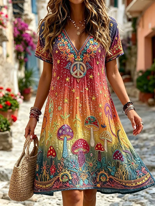 Cardydony Women's Hippie Floral Mushroom Color Gradient Art Casual Linen Blend Midi Dress