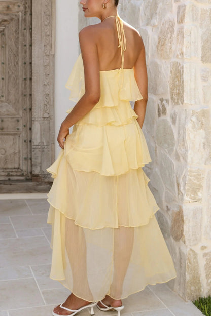 Cardydony Women's Solid Color Chiffon Halter Neck Elegant Ruffle Maxi Dress