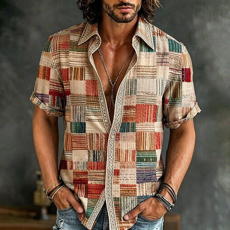 Cardydony Men's Vintage Abstract Geometric Pattern Art Casual Cotton Shirt