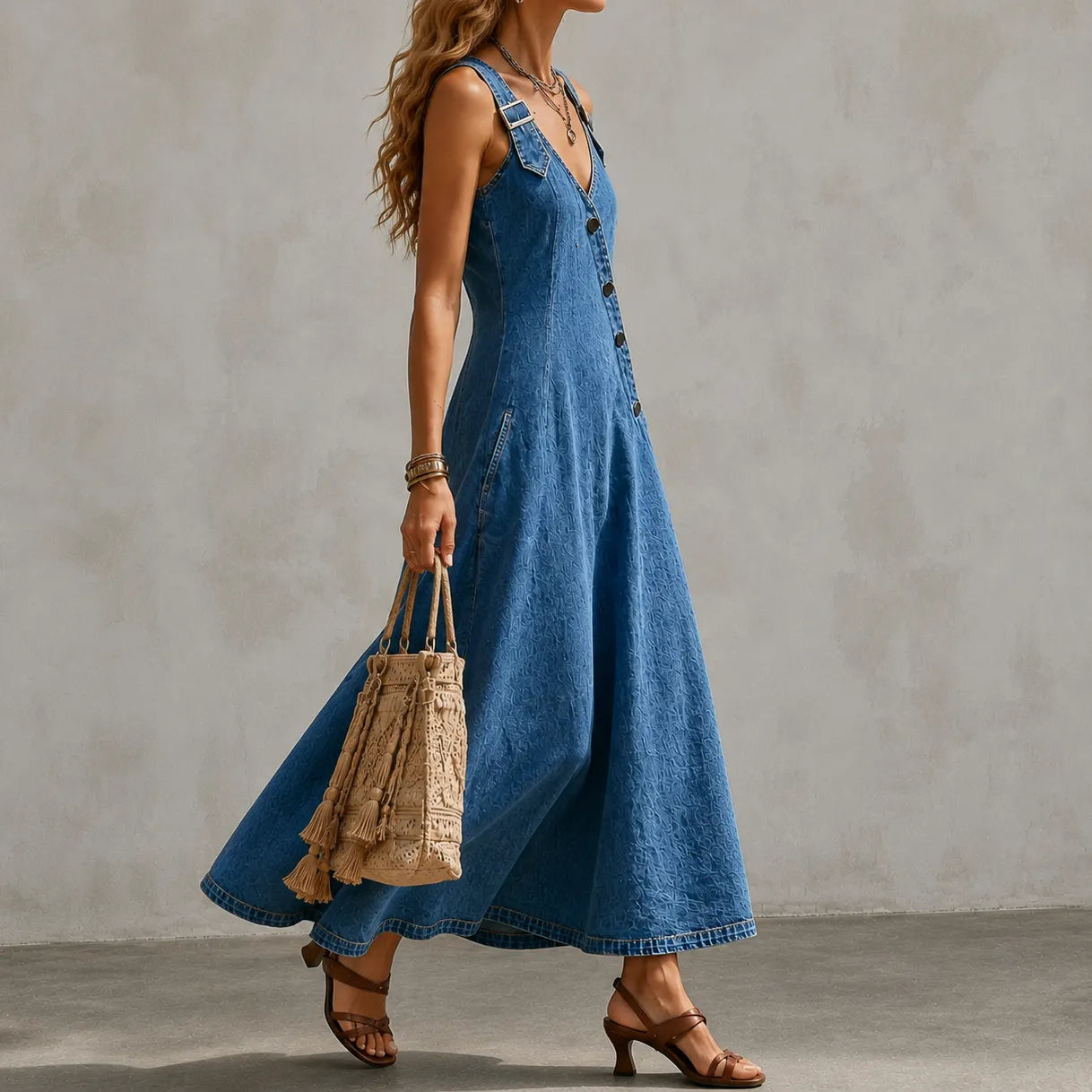 Cardydony Elegant V-neck Diagonal Button Denim Overalls Maxi Dress