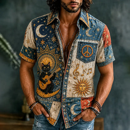 Cardydony Men's Hippie Music Patchwork Denim Art Print Casual Shirt