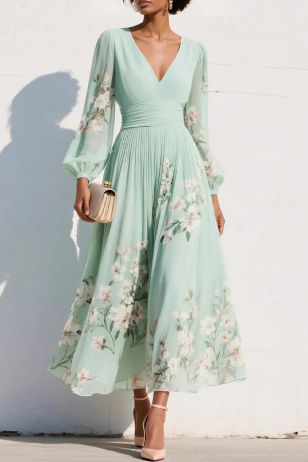 Cardydony Women's  Floral Print V-neck Long-sleeved Fitted Waist Casual Maxi Dress