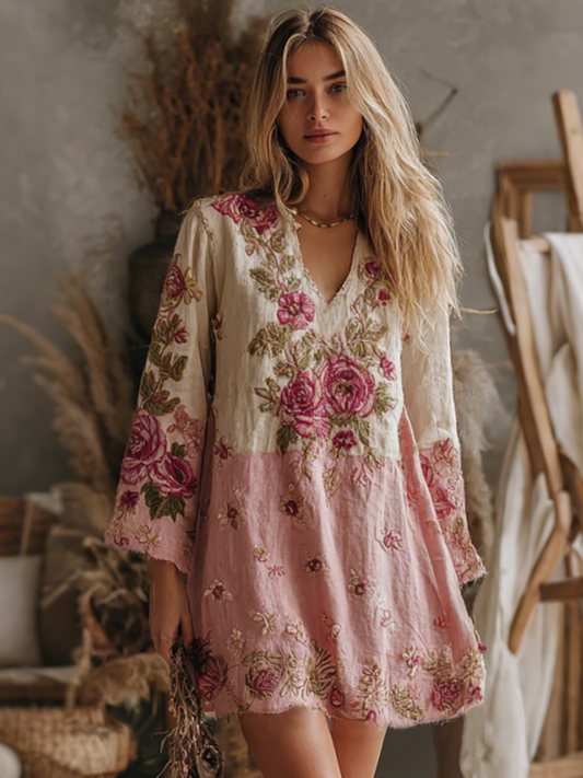 Cardydony Women's V Neck Boho Classy Gradient Pink Roses Embroidered Art Casual Dress