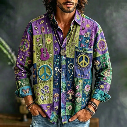 Cardydony Men's Peace Sign And Guitar Hippie Patchwork Print Long Sleeves Shirt