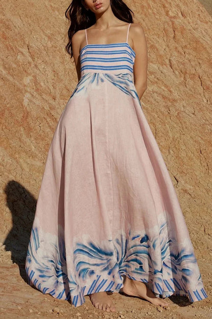 Cardydony Women's Unique Print Square Neck Spaghetti Strap Back Gathered Maxi Dress