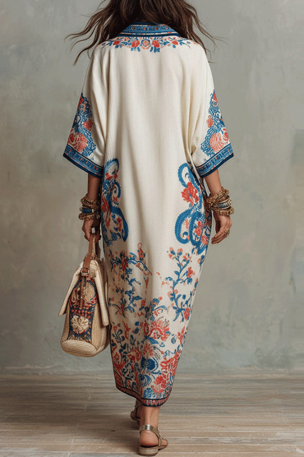 Cardydony Women's  Unique Print Loose V-Neck Casual Slit Maxi Dress
