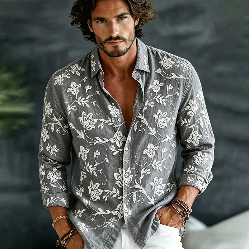 Cardydony Men's Vintage Spring Floral Embroidered Art Print Flowy Linen Blend Casual Shirt