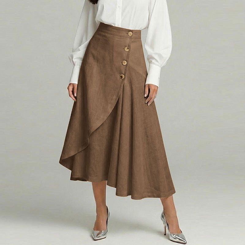 Cardydony Women's Casual Retro Irregular Ruffles Button Cotton And Linen Skirt