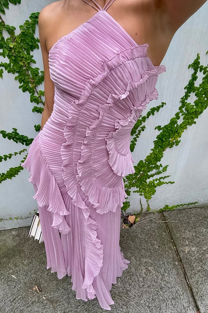 Cardydony Women's Dream Ode Lily Pad Style Pleats and Ruffles Halter Gown Maxi Dress