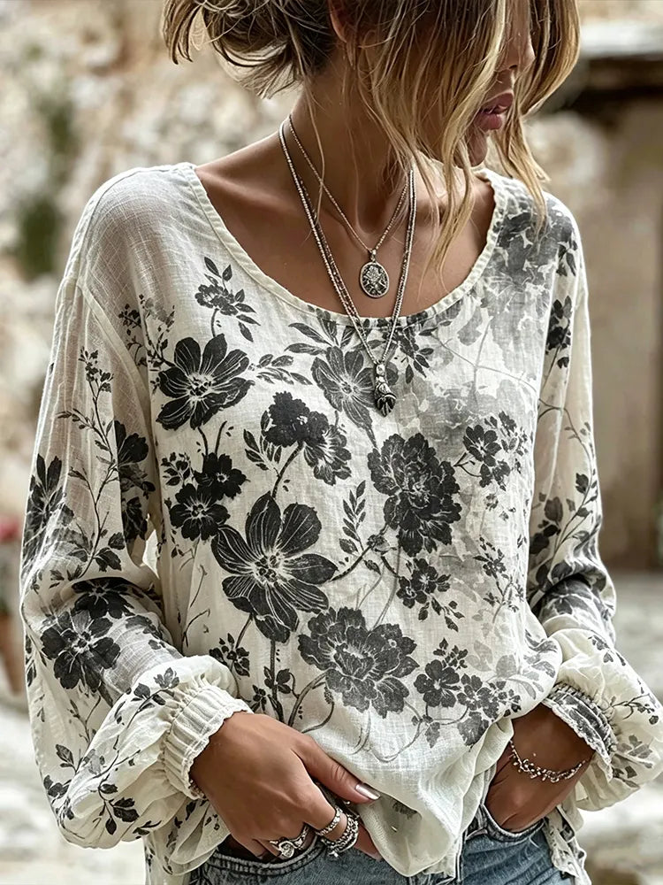 Cardydony Retro Bohemian Style Washed Black Peony Floral Linen Long-sleeved Top