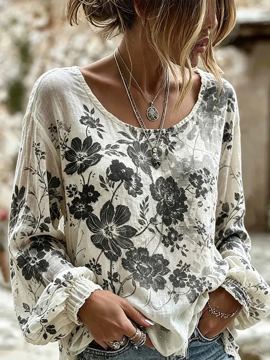 Cardydony Retro Bohemian Style Washed Black Peony Floral Linen Long-sleeved Top