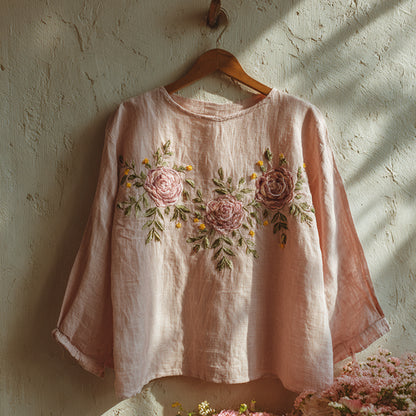 Cardydony Retro Rose Embroidery Pattern Linen Long Sleeve Tops