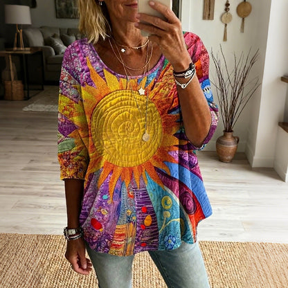 Cardydony Women's Retro Hippie Art Print Flowy Linen Blend Casual T-shirt