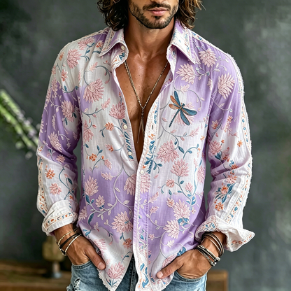 Cardydony Men's Vintage Floral Embroidered Art Print Flowy Linen Blend Casual Shirt