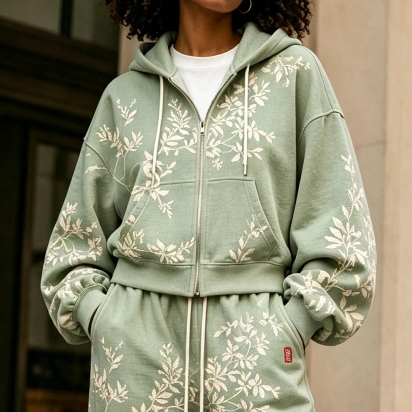 Cardydony Women's Vintage Floral Art Print Zip Up Hoodie Two Piece Set