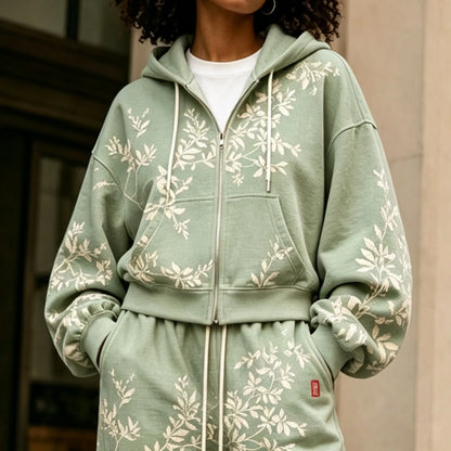 Cardydony Women's Vintage Floral Art Print Zip Up Hoodie Two Piece Set