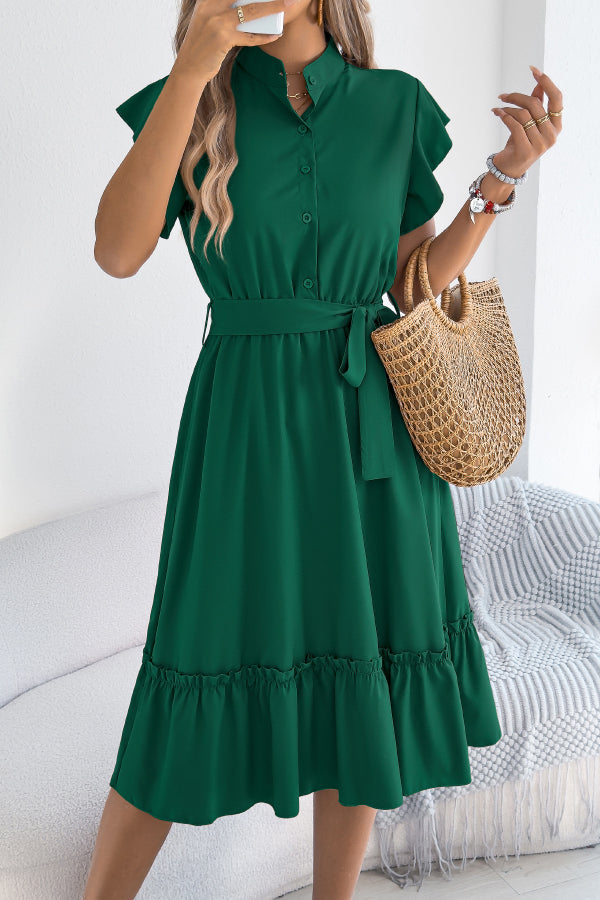 Cardydony Women's Solid Color Stand Collar Button Waist Tie Casual Midi Dress