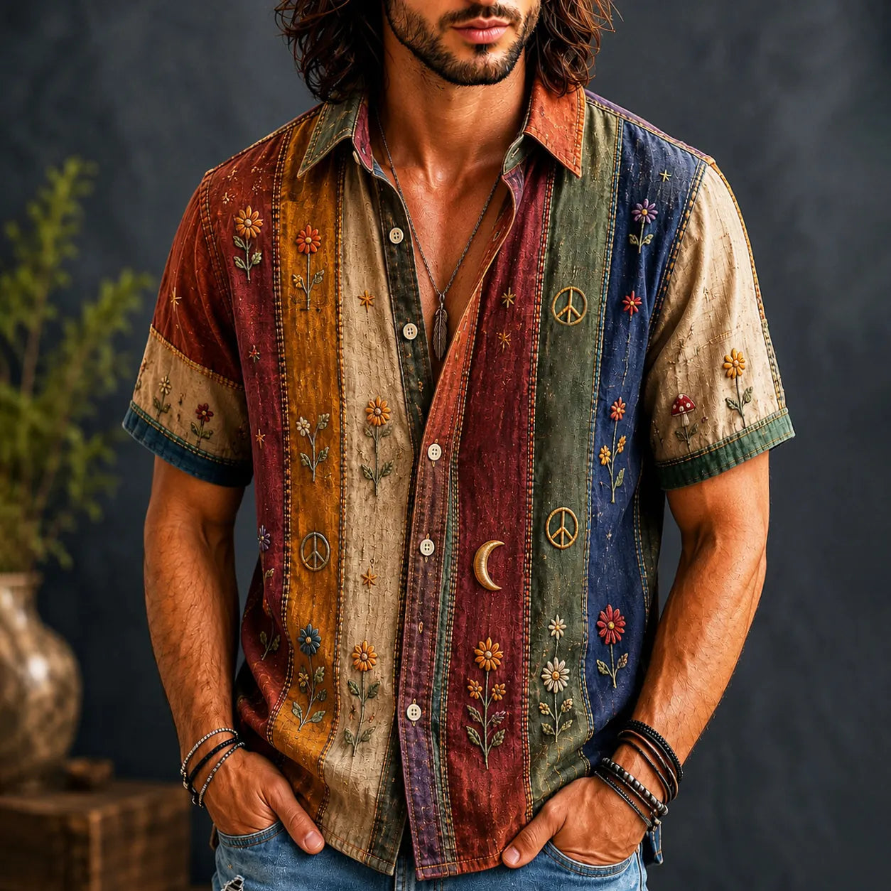Cardydony Men's Vintage Flowers Moon Striped Art Patchwork Print Shirt