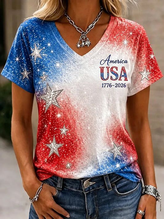 Cardydony Women's Retro Sequin Independence Day Casual V-neck T-shirt