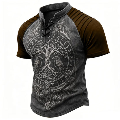Cardydony Retro Viking Casual Color Block Printed Cotton Linen Top