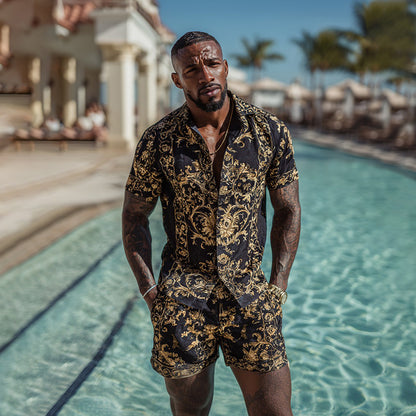 Cardydony Men's Fashion Baroque Pattern Cuban Shirt And Shorts Two-piece Set