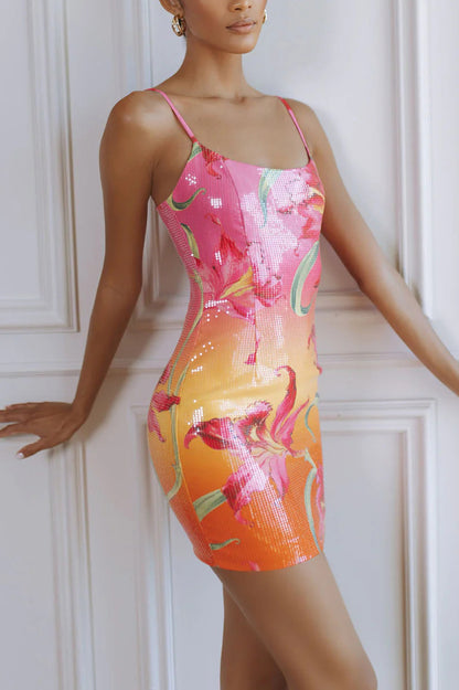 Cardydony Women's Fashionable Sequined Printed Suspender Slim-fit Mini Dress