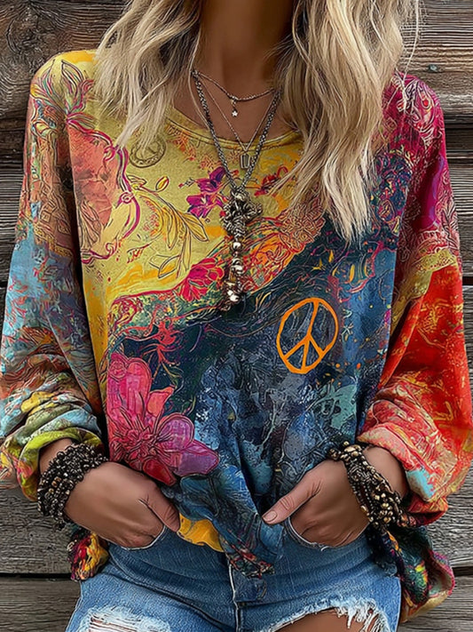 Cardydony Women's Hippie Style Peace Logo Print Crew Neck T-shirt