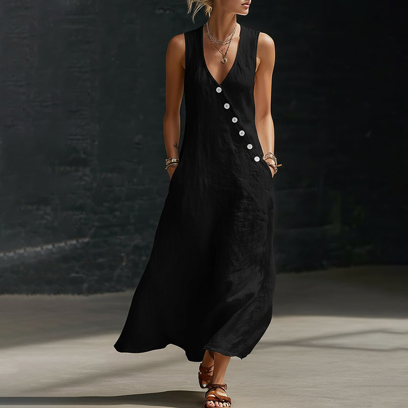 Cardydony Women's Retro Casual Button Design Linen Blend Maxi Dress